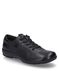 Der Halbschuh ist aus schwarzem Leder gefertigt und verfügt über eine Schnürung. Das Design ist schlicht und elegant mit einer glatten Oberfläche und einem bequemen Schnitt.