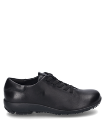 Der Halbschuh ist aus schwarzem Leder gefertigt und verfügt über eine Schnürung. Das Design ist schlicht und elegant mit einer glatten Oberfläche und einem bequemen Schnitt.