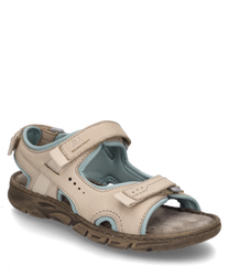 Sandalia beige con cierre de velcro fabricada en cuero con acentos azules. La sandalia tiene una suela robusta y ofrece un confort óptimo para actividades de ocio.
