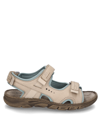 Sandalia beige con cierre de velcro fabricada en cuero con acentos azules. La sandalia tiene una suela robusta y ofrece un confort óptimo para actividades de ocio.