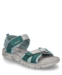 La sandalo è realizzato in tessuto blu e grigio con chiusura in velcro. Ha una suola chiara e offre un elevato comfort di calzata grazie alle cinghie imbottite.