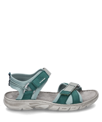 La sandalo è realizzato in tessuto blu e grigio con chiusura in velcro. Ha una suola chiara e offre un elevato comfort di calzata grazie alle cinghie imbottite.