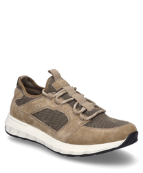 Sneaker marrone con lacci realizzato in suede e materiale mesh. La scarpa ha una suola profilata grigio chiaro e offre un design sportivo ed elegante.