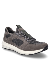 Sneaker grigio con lacci realizzato in una combinazione di suede e mesh traspirante. La scarpa si distingue per una comoda suola bianca e dettagli di cucitura discreti.