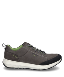 La sneaker est fabriquée en cuir lisse gris avec une doublure intérieure verte et dispose d'un laçage. Les caractéristiques particulières sont le capuchon de orteil noir contrastant et la semelle blanche.