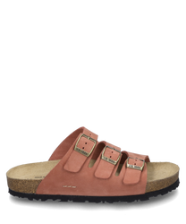 The sandal is made of red suede and features three adjustable metal buckles. The sole is made of light brown cork providing comfort and stability.