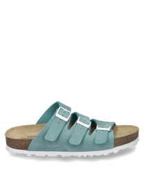 The sandal is made of turquoise suede and features three adjustable buckles as a closure. It has a comfortable cork sole and a white profiled outsole for additional grip.