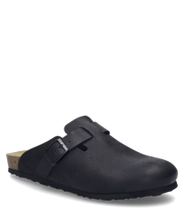 Der schwarze Clog besteht aus glattem Material und ist mit einer dekorativen Schnalle versehen. Er hat eine hellbraune ergonomisch geformte Innensohle die für Komfort sorgt.