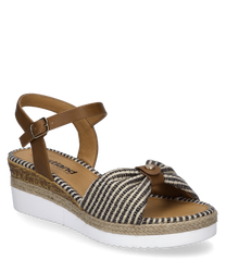 Sandalias de cuña con correa ajustable de hebilla. Diseño a rayas en tonos marrón y beige con suela de plataforma blanca y detalles de yute.