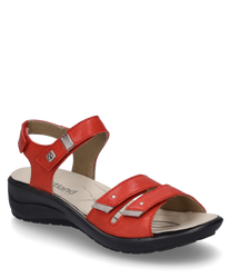 Rote Sandale mit Klettverschluss aus Leder gefertigt. Sie verfügt über eine bequeme schwarze Sohle und zwei vordere Riemen mit silberfarbenen Details.