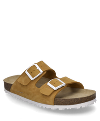 La sandale est fabriquée en cuir marron et dispose de deux boucles réglables comme fermeture. La semelle est claire et contraste avec l'aspect naturel du cuir ce qui donne à la chaussure une touche moderne.