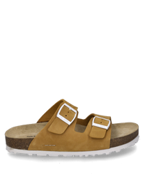 La sandale est fabriquée en cuir marron et dispose de deux boucles réglables comme fermeture. La semelle est claire et contraste avec l'aspect naturel du cuir ce qui donne à la chaussure une touche moderne.