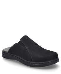 Chausson noir avec élastique fabriqué en matériau doux. La chaussure offre un ajustement confortable et est ornée de coutures discrètes.