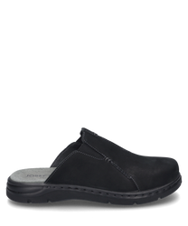 Chausson noir avec élastique fabriqué en matériau doux. La chaussure offre un ajustement confortable et est ornée de coutures discrètes.