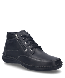 Die schwarze Stiefelette aus Leder zeigt eine feine Schnürung und einen seitlichen Reißverschluss. Der Schuh hat eine glatte Oberfläche mit kontrastierenden Nähten und bietet einen modernen eleganten Look.