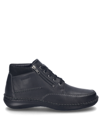 Die schwarze Stiefelette aus Leder zeigt eine feine Schnürung und einen seitlichen Reißverschluss. Der Schuh hat eine glatte Oberfläche mit kontrastierenden Nähten und bietet einen modernen eleganten Look.
