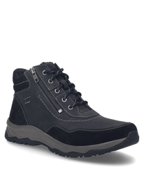 El zapato negro de cuero presenta un robusto cordón y un cierre lateral de cremallera para facilitar el calzado. El zapato tiene una suela de color contrastante que proporciona un soporte adicional en diversas superficies.