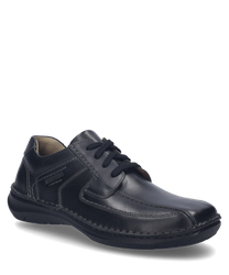 The shoe is made of black leather and features lacing. The seam details and smooth finish give the shoe an elegant look.