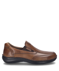 El zapato de color coñac está hecho de cuero de alta calidad y presenta una superficie lisa y brillante. El zapato cuenta con un práctico elástico que permite un fácil acceso.