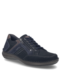 La scarpa bassa in combinazione blu scuro è realizzata in un mix di materiali con lacci e chiusura laterale a zip. La discreta cucitura e la combinazione di diverse tonalità di blu conferiscono alla scarpa un aspetto moderno.