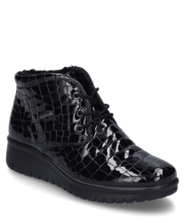 El zapato negro de media caña hecho de un material brillante y texturizado cuenta con un sistema de cordones como cierre. La superficie tiene un diseño de aspecto cocodrilo lo que le da al zapato una apariencia elegante.
