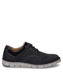 The shoe is black and features lacing as a closure. It is made of high-quality material with fine stitching and a sturdy sole.