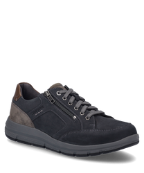 El zapato en color indigo-combinado está hecho de una mezcla de materiales de alta calidad con un sistema de cordones y cierres de cremallera adicionales en el costado. Destaca la combinación de cuero liso y rugoso que le da al zapato un aspecto moderno y 