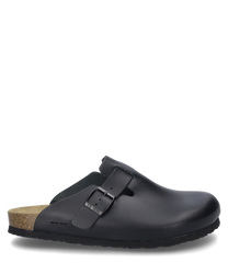 Der schwarze Clog besteht aus glattem Material und ist mit einer praktischen Schnalle als Verschluss ausgestattet. Das Design ist schlicht und elegant perfekt für den Alltag.