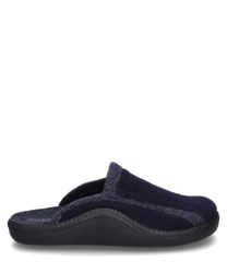 The house slipper in the color "ocean-combi" features a soft textile upper in dark blue with gray accents. It has no closure and a sturdy black sole for added comfort.