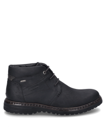 Schwarze Stiefelette aus Leder mit Schnürverschluss und robustem Profil. Der Schuh zeichnet sich durch sein schlichtes Design und strapazierfähiges Material aus.