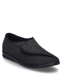 Le chausson noir est doté d'une fermeture velcro confortable et est fabriqué en matériau textile doux. L'apparence simple et élégante est complétée par une semelle légèrement profilée.