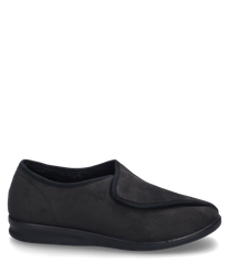 Le chausson noir est doté d'une fermeture velcro confortable et est fabriqué en matériau textile doux. L'apparence simple et élégante est complétée par une semelle légèrement profilée.