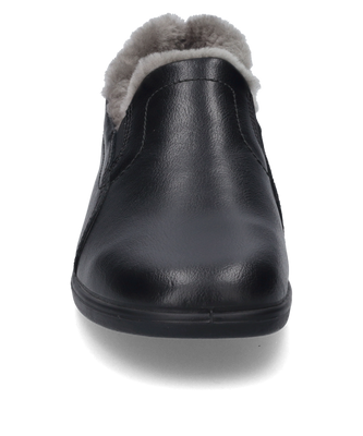A black slipper with a soft lining and elastic closure. The slipper is made of smooth material and offers comfortable wear.