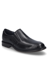 The black slip-on is made of smooth leather and features an elegant design. It has a practical elastic band as a closure allowing for easy entry.