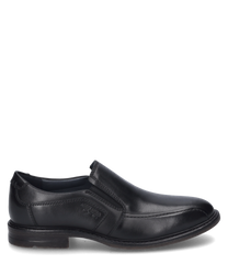 The black slip-on is made of smooth leather and features an elegant design. It has a practical elastic band as a closure allowing for easy entry.