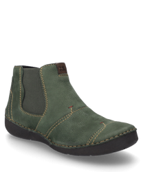 Die grüne Stiefelette aus Leder zeigt eine robuste strukturierte Oberfläche mit hellen Ziernähten. Sie ist mit einem praktischen Reißverschluss ausgestattet der das An- und Ausziehen erleichtert.