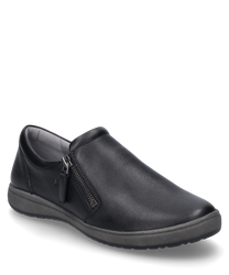 La scarpa nera mostrata è realizzata in pelle liscia e presenta una cucitura discreta. La scarpa è dotata di una chiusura laterale a zip come principale sistema di chiusura che facilita l'indossamento e lo svestimento. La suola è di un grigio a contrasto e