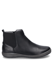La bota negra está hecha de cuero liso y tiene una cremallera lateral para ponerla y quitarla fácilmente. El zapato tiene una silueta sencilla con una parte elástica para mayor comodidad.