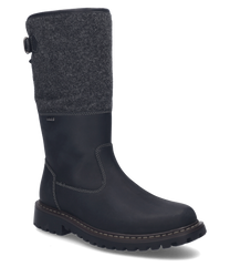 Botte noire avec fermeture éclair en matériau robuste. La botte a une texture contrastante sur la tige et une boucle comme caractéristique particulière.