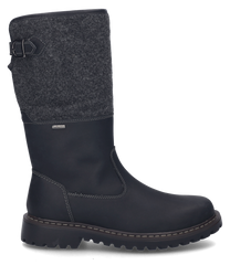 Botte noire avec fermeture éclair en matériau robuste. La botte a une texture contrastante sur la tige et une boucle comme caractéristique particulière.