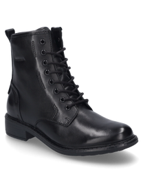 The black ankle boot is made of glossy leather and features a side zipper. It is characterized by a sturdy sole and a classic lace-up design.