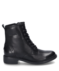 The black ankle boot is made of glossy leather and features a side zipper. It is characterized by a sturdy sole and a classic lace-up design.