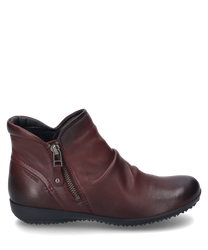 Die bordeauxfarbene Stiefelette aus Leder verfügt über einen seitlichen Reißverschluss für einfaches An- und Ausziehen. Der Schuh hat eine glatte Oberfläche und eine dezente Markenprägung an der Ferse.