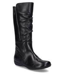 Bota negra con cremallera de cuero liso. La bota tiene un aspecto elegante y ligeramente fruncido en el lado exterior.