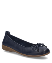 Indigo-colored ballerinas with elastic made from soft material. The shoe features a decorative bow on the front and a flat beige sole.