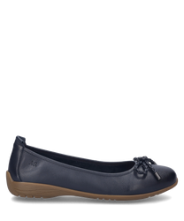 Indigo-colored ballerinas with elastic made from soft material. The shoe features a decorative bow on the front and a flat beige sole.