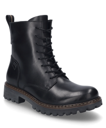 La bota negra está hecha de cuero brillante y tiene una cremallera lateral para ponerla y quitarla fácilmente. El zapato está equipado con una suela de perfil robusto y tiene costuras decorativas para un aspecto elegante.