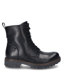 La bota negra está hecha de cuero brillante y tiene una cremallera lateral para ponerla y quitarla fácilmente. El zapato está equipado con una suela de perfil robusto y tiene costuras decorativas para un aspecto elegante.