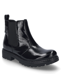 Die schwarze Stiefelette besteht aus glänzendem Material und besitzt einen Reißverschluss an der Seite. Der Schuh hat eine robuste Sohle und ein elastisches Band für einen bequemen Sitz.