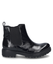 Die schwarze Stiefelette besteht aus glänzendem Material und besitzt einen Reißverschluss an der Seite. Der Schuh hat eine robuste Sohle und ein elastisches Band für einen bequemen Sitz.